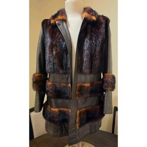 Bensky Furs Vintage Leather & Real Fur Coat Women's Large Fit